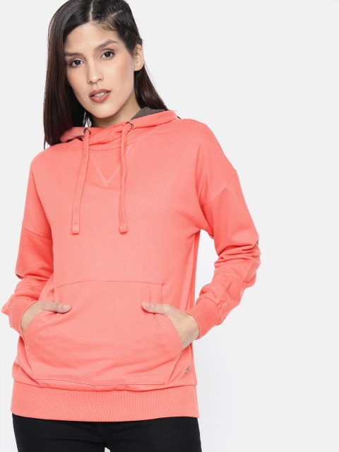 Roadster Women Coral Pink Solid Hooded Sweatshirt