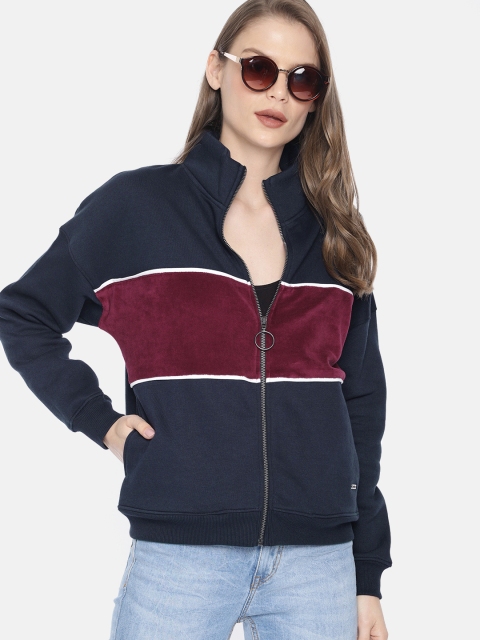 Roadster Women Navy Blue & Burgundy Colourblocked Sweatshirt
