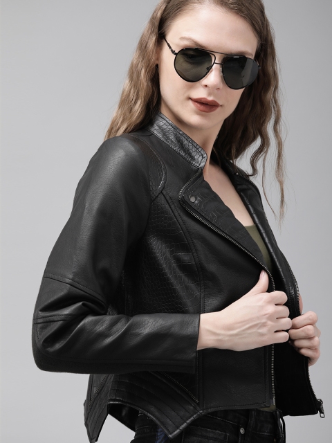 Roadster Women Black Self Design Biker Jacket