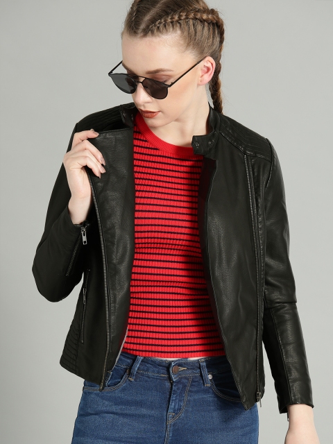 Roadster Women Black Solid Biker Jacket