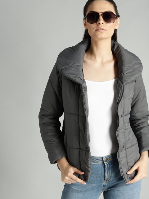 Roadster Women Charcoal Grey Solid Padded Jacket