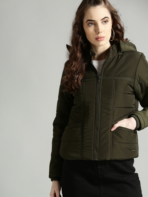The Roadster Lifestyle Co Women Olive Green Solid Hooded Padded Jacket
