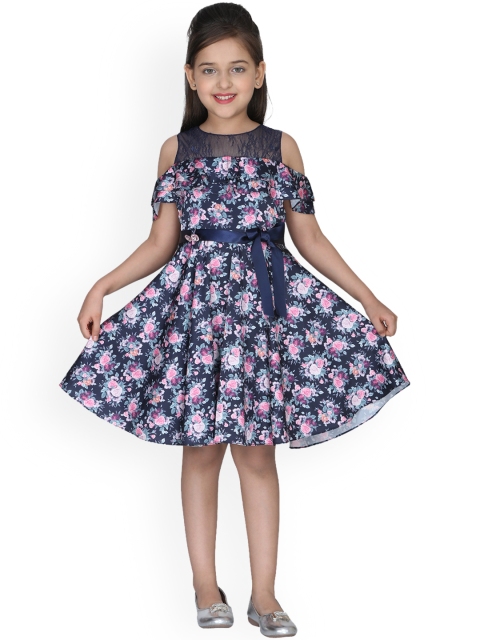 CUTECUMBER Girls Navy Blue Printed Fit and Flare Dress
