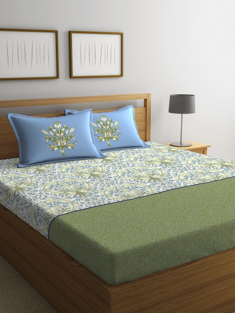 Portico New York Off-White & Blue Floral 144 TC 1 King Bedsheet with 2 Pillow Covers