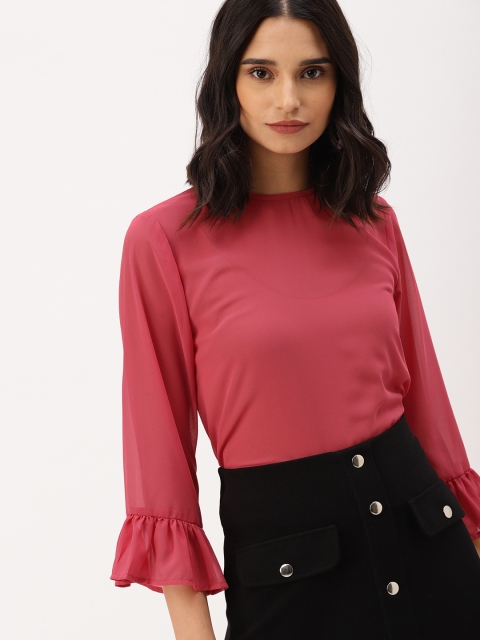 DressBerry Women Pink Solid Semi-Sheer Top