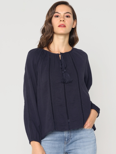 ONLY Women Navy Blue Solid Pure Cotton Top