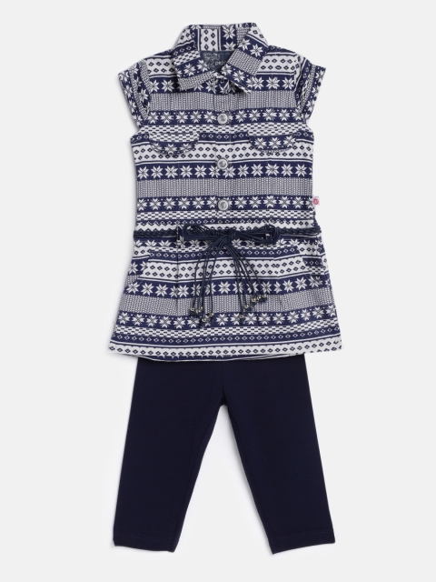 Peppermint Girls Printed Navy Blue Shirt Dress with Leggings