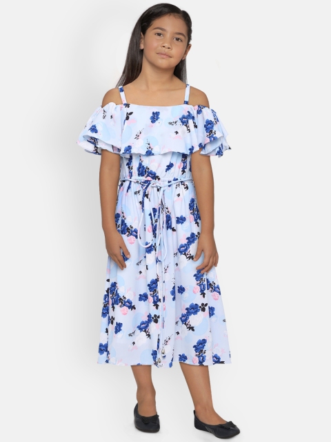 Peppermint Girls Blue Printed Fit and Flare Dress