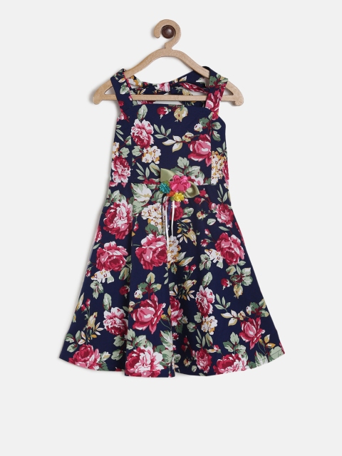 Peppermint Girls Navy Blue & Red Printed Fit and Flare Dress