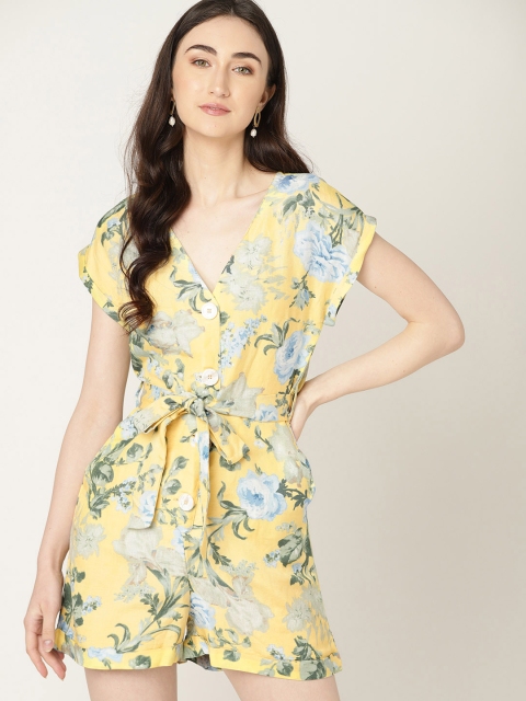 MANGO Yellow & Blue Printed Playsuit
