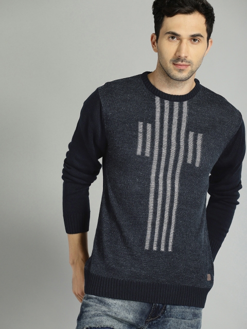 Roadster Men Navy Blue & Grey Striped Sweater