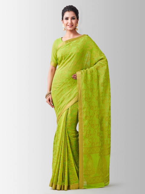 MIMOSA Lime Green Poly Chiffon Embellished Kanjeevaram Saree