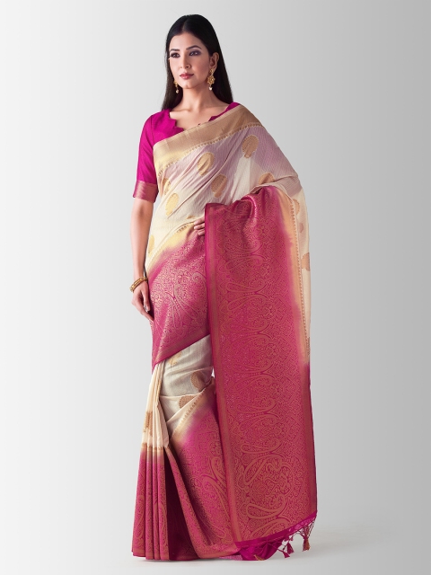 MIMOSA Beige & Pink Art Silk Woven Design Kanjeevaram Saree