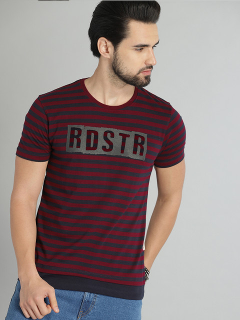 Roadster Men Maroon & Navy Striped Round Neck T-shirt 
Roadster Men Maroon & Navy Striped Round Neck T-shirt