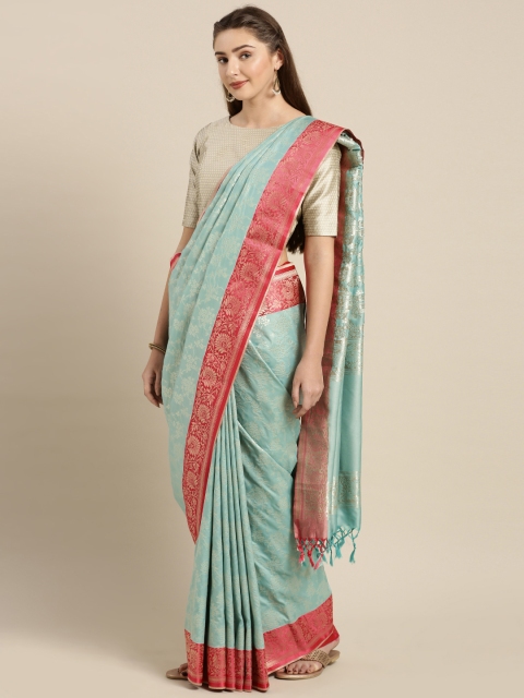 Varkala Silk Sarees Women Turquoise Blue & Pink Silk Blend Woven Design Kanjeevaram Saree
Varkala Silk Sarees Women Turquoise Blue & Pink Silk Blend Woven Design Kanjeevaram Saree