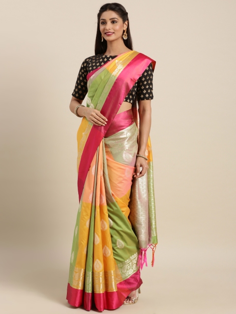 Varkala Silk Sarees Mustard Yellow & Green Silk Blend Woven Design Kanjeevaram Saree
Varkala Silk Sarees Mustard Yellow & Green Silk Blend Woven Design Kanjeevaram Saree
