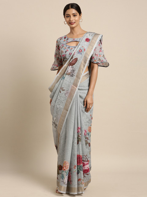 Kvsfab Grey & Fuchsia Pink Printed Linen Blend Saree 
Kvsfab Grey & Fuchsia Pink Printed Linen Blend Saree