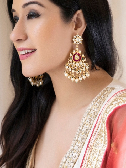 Rubans Gold-Toned & White Classic Drop Earrings