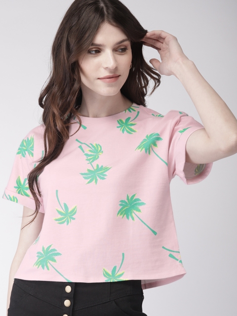 FOREVER 21 Women Pink & Green Printed Round Neck T-shirt