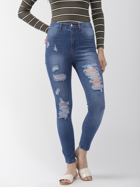 FOREVER 21 Women Blue Washed Distressed Denim Jeggings