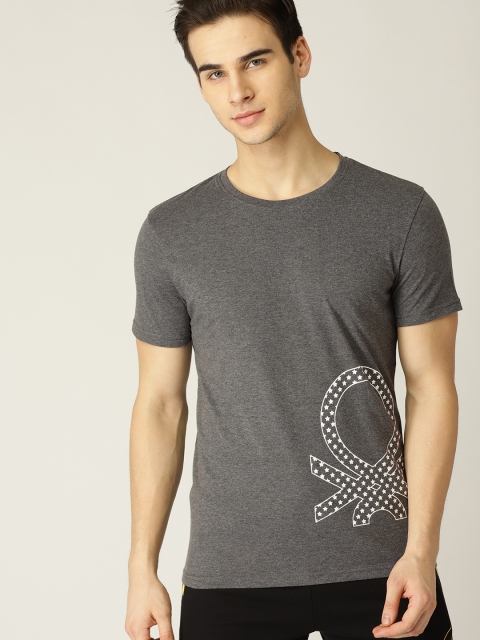 United Colors of Benetton Men Charcoal Grey Printed Round Neck T-shirt