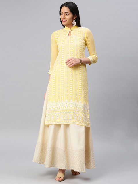 Saadgi Women Yellow & White Embroidered Straight Chikankari Kurta
Saadgi Women Yellow & White Embroidered Straight Chikankari Kurta