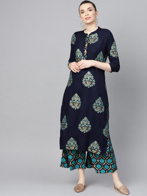 Ishin Women Navy & Golden Printed Kurta with Palazzos, Navy blue
Ishin Women Navy & Golden Printed Kurta with Palazzos, Navy blue