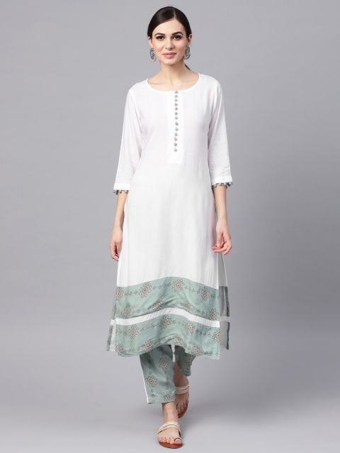 Idalia Women White & Green Solid Kurta with Trousers