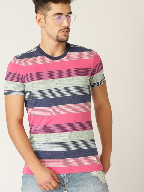 United Colors of Benetton Men Pink & Navy Blue Striped Round Neck T-shirt