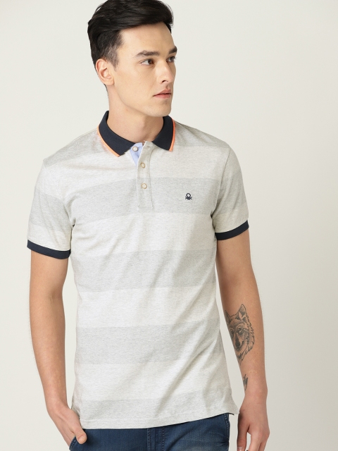 United Colors of Benetton Men Grey Melange Striped Polo Collar T-shirt