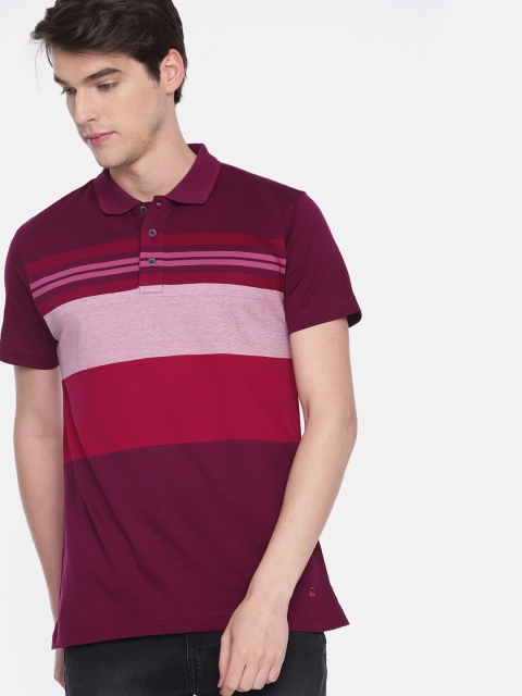 United Colors of Benetton Men Maroon & Pink Striped Polo Collar T-shirt