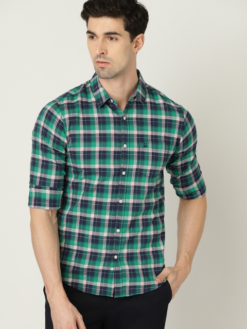 United Colors of Benetton Men Green & Navy Blue Slim Fit Checked Casual Shirt