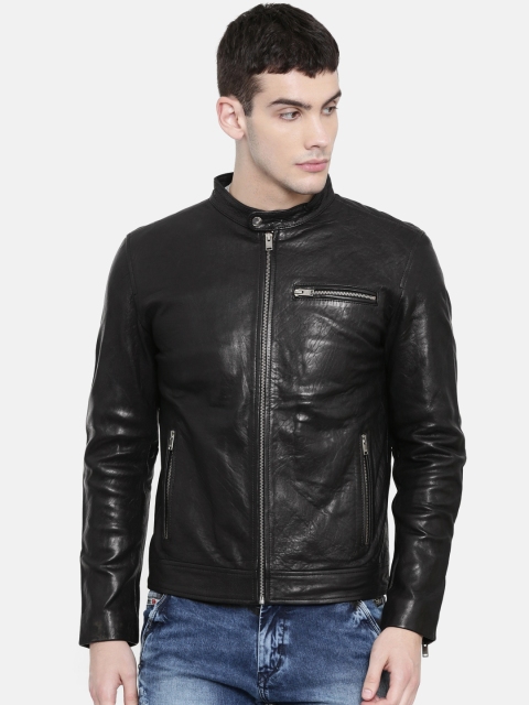 SELECTED Men Black Solid Leather Jacket