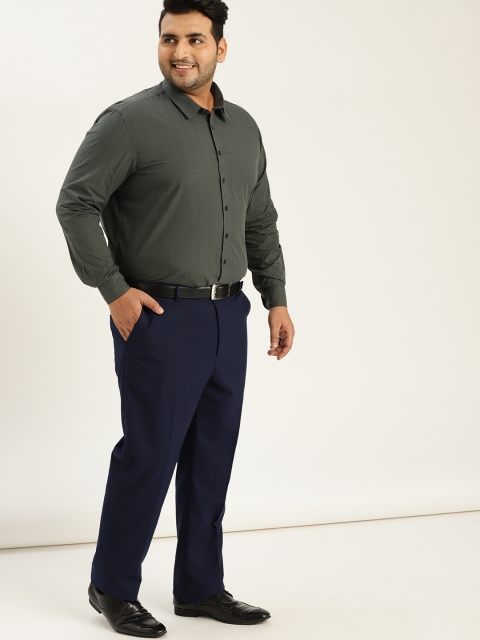 Sztori Plus Size Men Olive Green Regular Fit Checked Formal Shirt