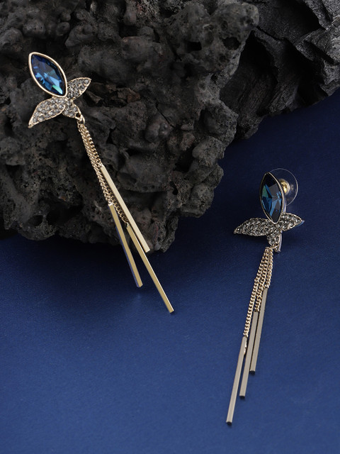 Jewels Galaxy Navy Gold-Plated Stone-Studded Tasselled Drop Earrings, Navy blue
Jewels Galaxy Navy Gold-Plated Stone-Studded Tasselled Drop Earrings, Navy blue