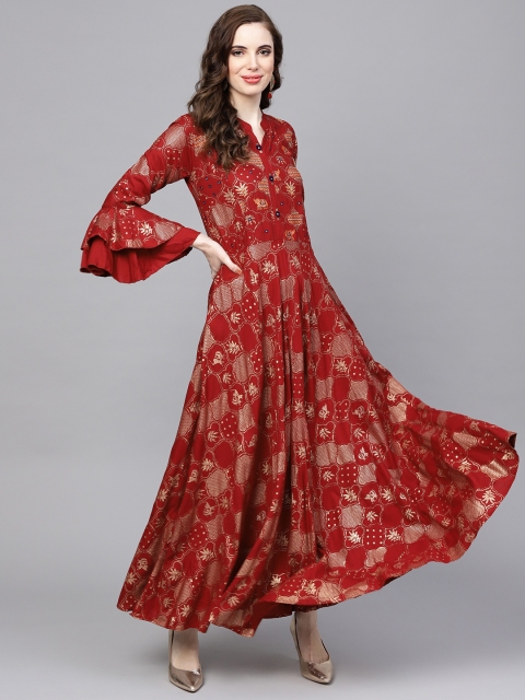 Chhabra 555 Women Maroon & Golden Foil Print Maxi Dress
