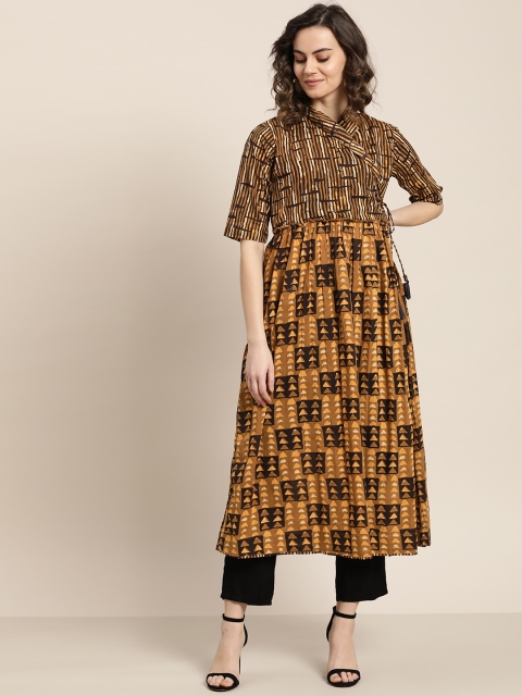 Sangria Women Olive Brown & Black Printed Angrakha A-Line Kurta