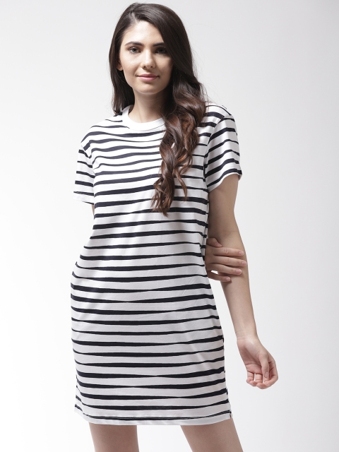 Marks & Spencer Women White & Navy Blue Striped T-shirt Dress