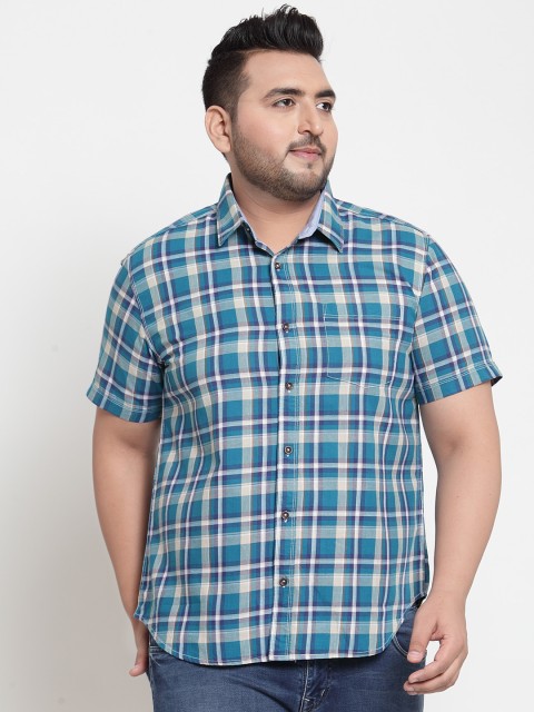 plusS Men Blue & Cream-Coloured Regular Fit Checked Casual Shirt