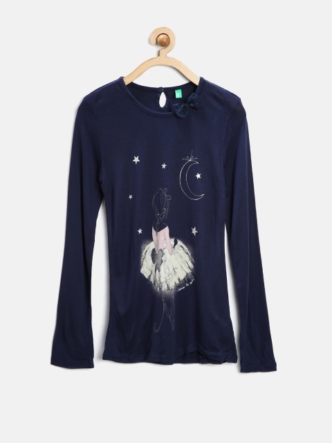 United Colors of Benetton Girls Navy Printed Top, Navy blue