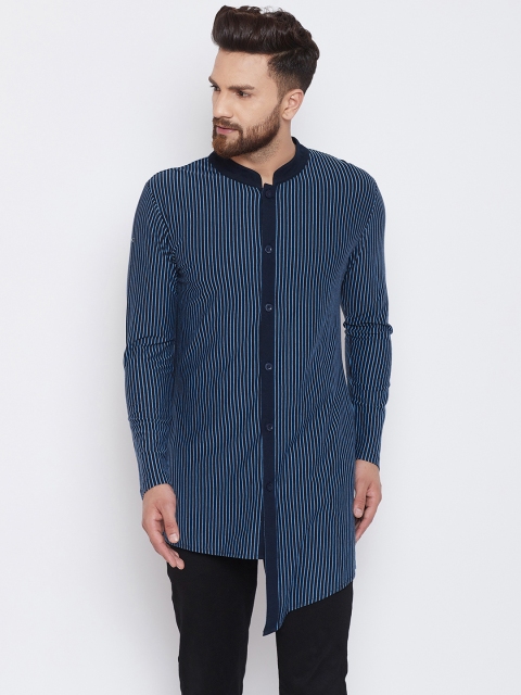 Hypernation Men Navy Blue Striped Straight Kurta