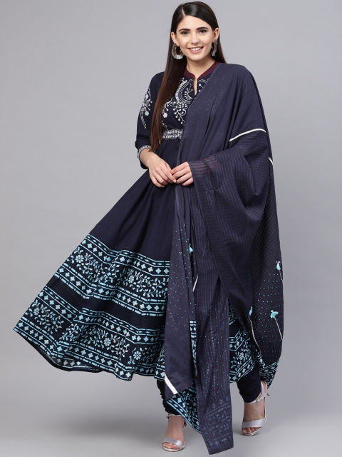Rain & Rainbow Women Navy Blue Printed Kurta with Churidar & Dupatta