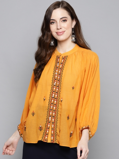Label Ritu Kumar Women Mustard Yellow & Black Embroidered Casual Shirt