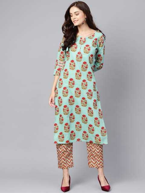 Yufta Women Sea Green & Red Printed Kurta with Trousers