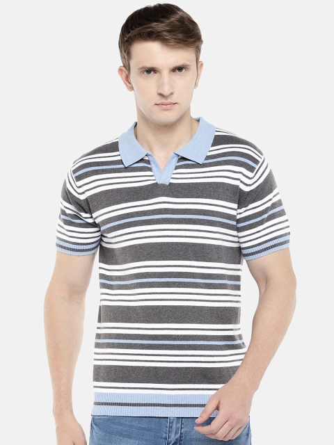 Globus Men Blue & White Striped Polo Collar T-shirt
