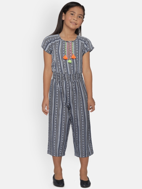 Natilene Girls Navy Blue & White Printed Jumpsuit