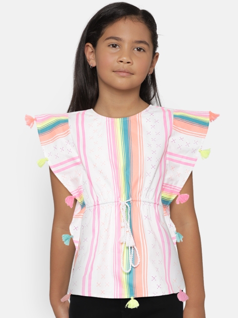 Natilene Girls Off and Coral Pink Printed Pure Cotton Top, Off white