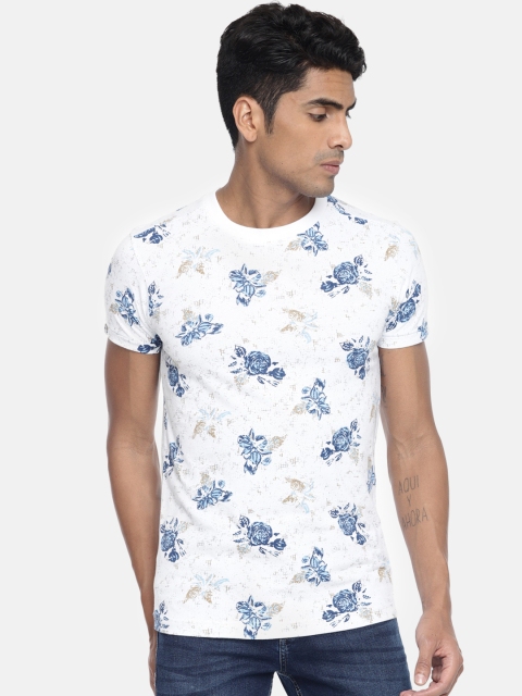 Mufti Men White & Blue Printed Round Neck T-shirt