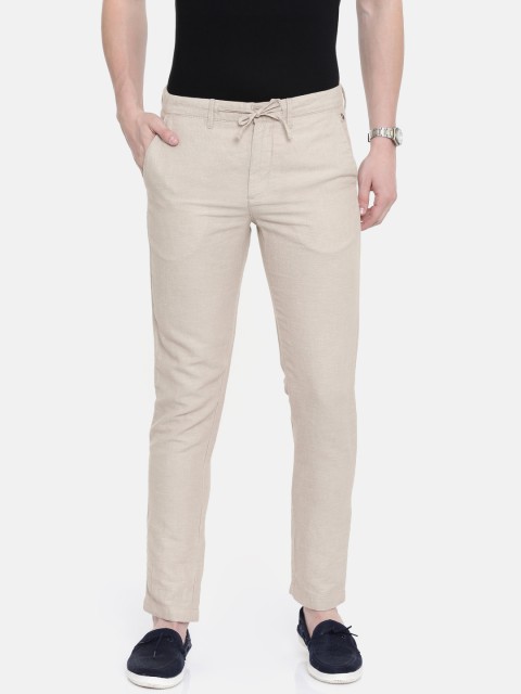 Jack & Jones Men Beige Slim Fit Self-Design Regular Trousers