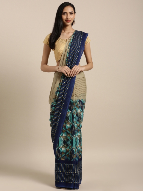 Satrani Beige Blue Printed Poly Georgette Saree